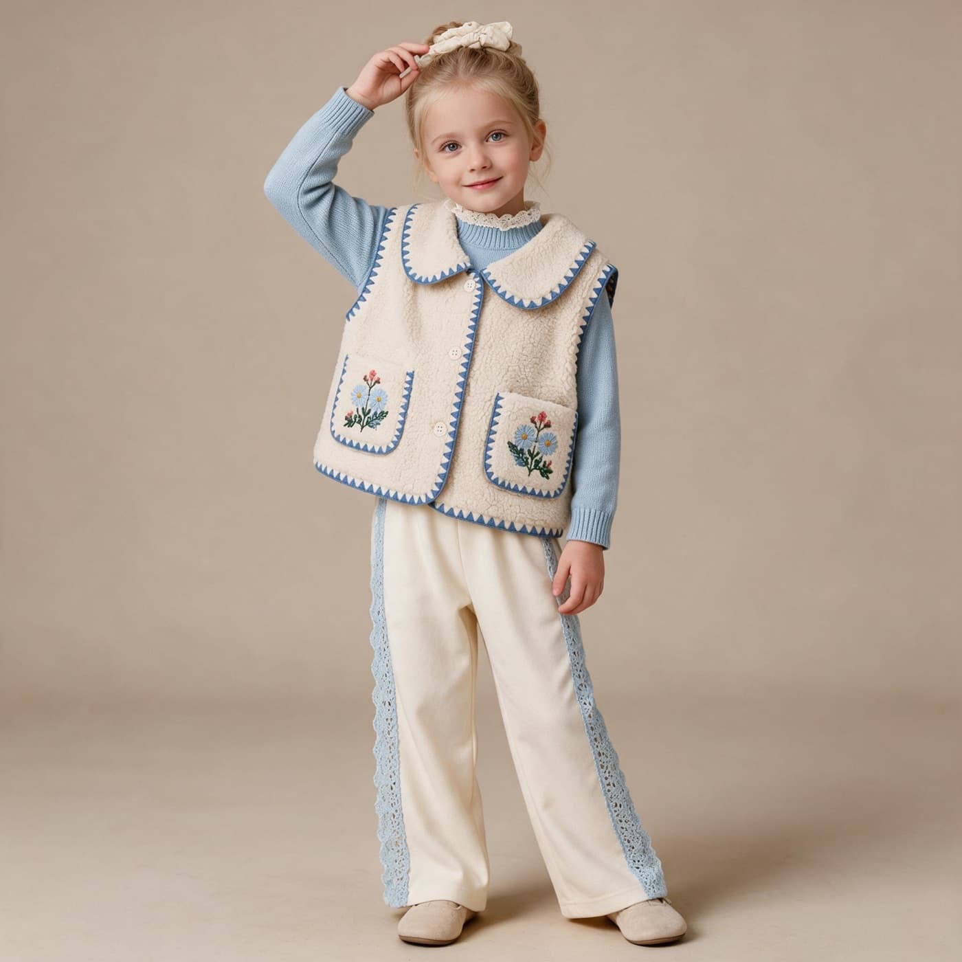 Nupumo Teddy Gilet Bloem Blauw